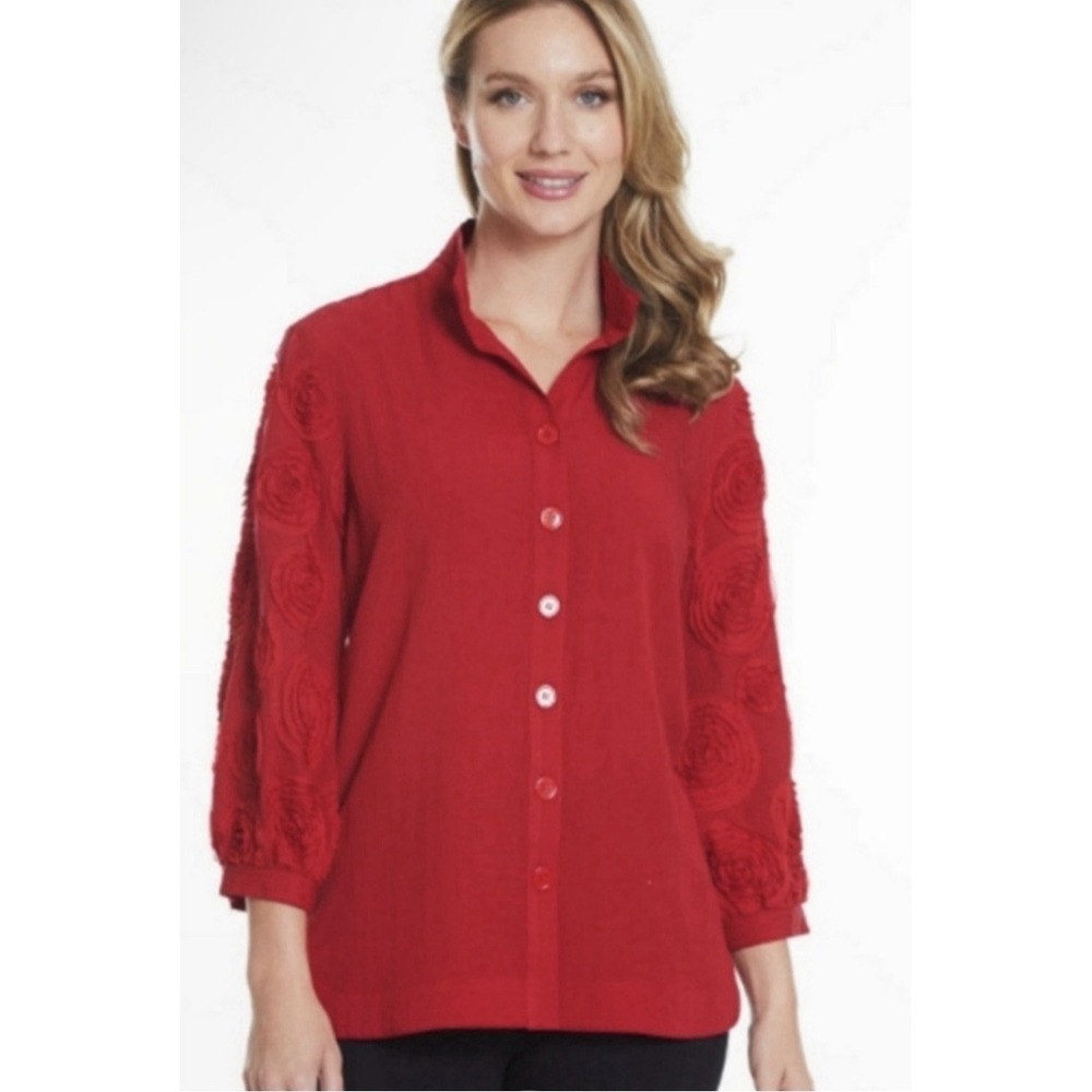 JOHN MARK RED Size 1X 3D Floral A‎ Line Art To Wear Bohemian Putting On The Ritz